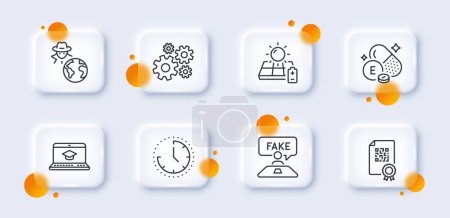 Illustration for Fraud, Cogwheel and Website education line icons pack. 3d glass buttons with blurred circles. Solar panel, Qr code, Time web icon. Fake review, Vitamin e pictogram. For web app, printing. Vector - Royalty Free Image