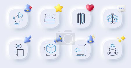 Illustration for Paper wallpaper, Package size and Table lamp line icons. Buttons with 3d bell, chat speech, cursor. Pack of Open door, Chandelier, Tea cup icon. Bed, Entrance pictogram. For web app, printing. Vector - Royalty Free Image