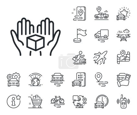 Illustration for Delivery parcel sign. Plane, supply chain and place location outline icons. Hold open box line icon. Cargo package symbol. Hold box line sign. Taxi transport, rent a bike icon. Travel map. Vector - Royalty Free Image
