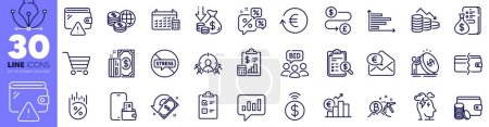 Illustration for Report, Payment method and Payment line icons pack. Business targeting, Checklist, Analytical chat web icon. Bitcoin mining, Calendar, Loan percent pictogram. Auction, Money, Money transfer. Vector - Royalty Free Image