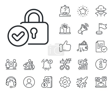 Illustration for Approved protection lock sign. Salaryman, gender equality and alert bell outline icons. Verified locker line icon. Confirmed security symbol. Verified locker line sign. Vector - Royalty Free Image