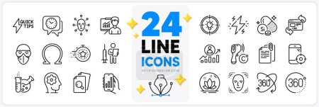 Illustration for Icons set of 360 degrees, Full rotation and Timer line icons pack for app with Inspect, Seo phone, Idea thin outline icon. Career ladder, Document attachment, Presentation pictogram. Vector - Royalty Free Image