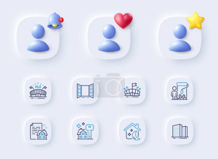 Illustration for Sleep, Sports arena and Arena line icons. Placeholder with 3d bell, star, heart. Pack of Buying house, Buildings, Lease contract icon. Painter, Open door pictogram. For web app, printing. Vector - Royalty Free Image