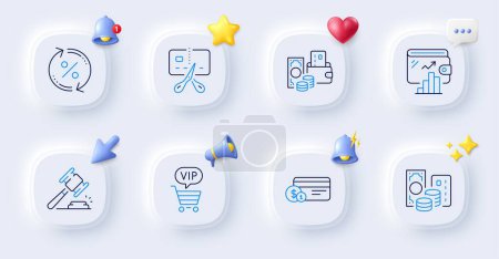 Illustration for Wallet, Loan percent and Payment method line icons. Buttons with 3d bell, chat speech, cursor. Pack of Credit card, Vip shopping, Auction hammer icon. Change money, Bankrupt pictogram. Vector - Royalty Free Image