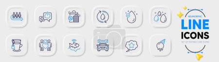 Illustration for Car, Fishfinder and Like line icons for web app. Pack of Love couple, Queue, Loyalty star pictogram icons. Vitamin e, Tea, Water drop signs. Ice cream, Refill water, Shopping bags. Car service. Vector - Royalty Free Image