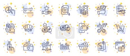 Illustration for Outline set of Pie chart, Inflation and Analytics chart line icons for web app. Include Money change, Column diagram, Savings pictogram icons. Upper arrows, Online job, Fraud signs. Vector - Royalty Free Image