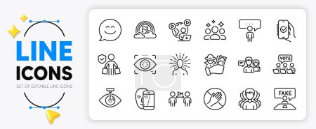 Illustration for Fake review, Approved app and Face biometrics line icons set for app include Smile chat, Online voting, Dont touch outline thin icon. Video conference, Eye detect, Eye laser pictogram icon. Vector - Royalty Free Image