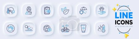 Illustration for Eye checklist, Skin moisture and Umbrella line icons for web app. Pack of Organic product, Pets care, Nurse pictogram icons. Sunscreen, World medicine, Do not touch signs. High thermometerBike. Vector - Royalty Free Image