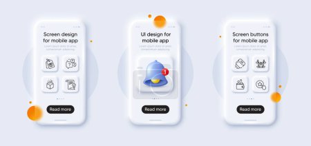 Illustration for Loyalty star, Wallet money and Coupons line icons pack. 3d phone mockups with bell alert. Glass smartphone screen. Question bubbles, Teamwork, Augmented reality web icon. Vector - Royalty Free Image