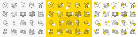 Illustration for Outline Smile, Sun protection and Time management line icons pack for web with Vitamin u, Security app, Money tax line icon. Sodium mineral, Share call, Circle area pictogram icon. Vector - Royalty Free Image