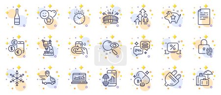 Illustration for Outline set of Document, Discounts ribbon and Loyalty points line icons for web app. Include Currency rate, Time, Search pictogram icons. Employee result, Microscope, Electric plug signs. Vector - Royalty Free Image