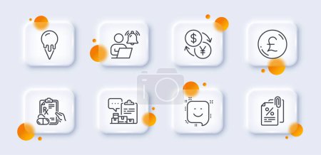 Illustration for User notification, Prescription drugs and Currency exchange line icons pack. 3d glass buttons with blurred circles. Inventory report, Tax documents, Pound money web icon. Vector - Royalty Free Image