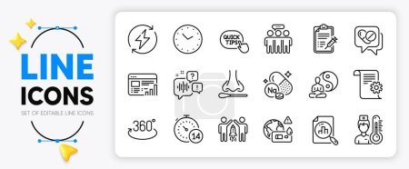 Illustration for Covid test, Technical documentation and Sodium mineral line icons set for app include Partnership, Quarantine, Full rotation outline thin icon. Renewable power, Vaccine report. Vector - Royalty Free Image