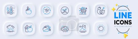 Illustration for Green energy, Juice and Wind energy line icons for web app. Pack of Thermometer, Vegetables cart, Eco food pictogram icons. Mountain flag, Co2, Startup signs. Sunset, Vegetables, Sunny weather. Vector - Royalty Free Image