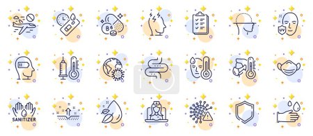 Illustration for Outline set of Covid test, Rubber gloves and Uv protection line icons for web app. Include Face scanning, Thermometer, Checklist pictogram icons. Coronavirus pandemic, Vitamin b6. Vector - Royalty Free Image