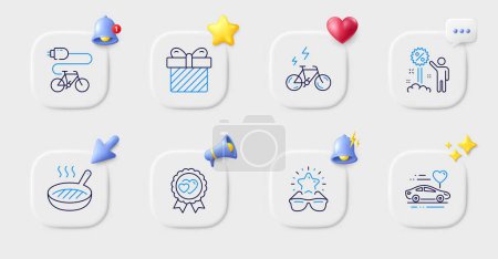 Illustration for Surprise, Love award and Best glasses line icons. Buttons with 3d bell, chat speech, cursor. Pack of Discount, Electric bike, Grill pan icon. E-bike, Honeymoon travel pictogram. Vector - Royalty Free Image