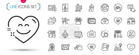 Illustration for Pack of Travel calendar, Image gallery and Surprise boxes line icons. Include Pin, Hat-trick, Fireworks rocket pictogram icons. Puzzle, Miss you, Photo location signs. Love her. Vector - Royalty Free Image
