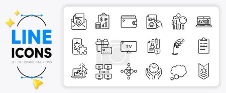 Illustration for Inclusion, Safe time and Technical documentation line icons set for app include Talk bubble, Gift card, Shoulder strap outline thin icon. Web analytics, Floor lamp, Report pictogram icon. Vector - Royalty Free Image