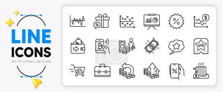 Illustration for Money profit, Vip ticket and Shopping cart line icons set for app include Payment, Stock analysis, Dot plot outline thin icon. Discounts app, Cash back, Portfolio pictogram icon. Vector - Royalty Free Image