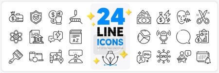 Illustration for Icons set of Interview job, Voice wave and Brush line icons pack for app with Dao, Report, Notification thin outline icon. Money currency, Paint roller, Bank document pictogram. Scissors. Vector - Royalty Free Image
