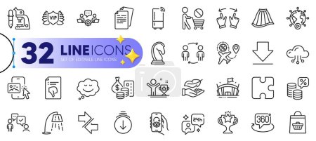 Illustration for Outline set of Victory, Microscope and Teamwork line icons for web with Lightweight, Money tax, Phone image thin icon. Scroll down, Video conference, 360 degree pictogram icon. Vector - Royalty Free Image
