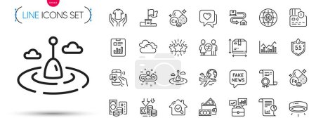 Illustration for Pack of Card, International flight and Infochart line icons. Include 5g internet, 24h service, Hold t-shirt pictogram icons. Ph neutral, Business portfolio, Star signs. Cloudy weather. Vector - Royalty Free Image