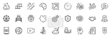 Illustration for Icons pack as Air fan, Puzzle and Croissant line icons for app include Usa close borders, Time management, Target outline thin icon web set. Stairs, Income money, Approved group pictogram. Vector - Royalty Free Image