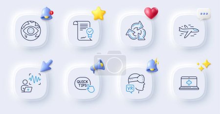 Illustration for Voice wave, Recycle and Medical help line icons. Buttons with 3d bell, chat speech, cursor. Pack of Approved agreement, Airplane, Augmented reality icon. Quick tips, Cyber attack pictogram. Vector - Royalty Free Image