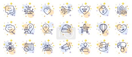 Illustration for Outline set of Kiss me, Journey and Dog leash line icons for web app. Include Creative idea, Airplane travel, Gift pictogram icons. Pillow, Boat, Smile face signs. Gas grill. Vector - Royalty Free Image