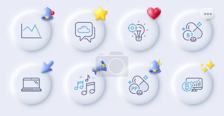 Illustration for Line chart, Music and Niacin vitamin line icons. Buttons with 3d bell, chat speech, cursor. Pack of Seo idea, Laptop, Niacin icon. Weather forecast, Bitcoin chart pictogram. Vector - Royalty Free Image
