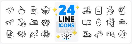 Illustration for Icons set of Winner ribbon, Dog competition and Heart flame line icons pack for app with Payment methods, Customer satisfaction, Weather phone thin outline icon. Search book, Bribe. Vector - Royalty Free Image