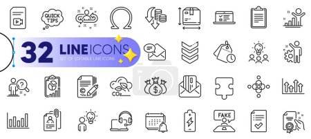 Illustration for Outline set of Check investment, Employee and Box size line icons for web with Battery charging, Puzzle, Co2 gas thin icon. Certificate, Group people, Search employee pictogram icon. Vector - Royalty Free Image