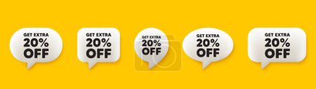 Illustration for Get Extra 20 percent off Sale. 3d chat speech bubbles set. Discount offer price sign. Special offer symbol. Save 20 percentages. Extra discount talk speech message. Talk box infographics. Vector - Royalty Free Image