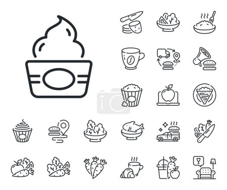 Illustration for Vanilla sundae sign. Crepe, sweet popcorn and salad outline icons. Ice cream cup line icon. Frozen yogurt dessert symbol. Ice cream line sign. Pasta spaghetti, fresh juice icon. Supply chain. Vector - Royalty Free Image