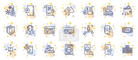 Illustration for Outline set of Best app, Smartphone protection and User call line icons for web app. Include Cyber attack, Business choice, Image carousel pictogram icons. Delivery, Company. Vector - Royalty Free Image
