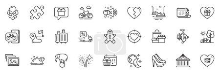 Illustration for Icons pack as Bumper cars, Bike app and Romantic dinner line icons for app include Romantic gift, Sale megaphone, Fireworks outline thin icon web set. Journey, Wish list, Ice cream pictogram. Vector - Royalty Free Image