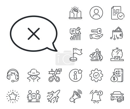 Illustration for Decline or remove chat sign. Salaryman, gender equality and alert bell outline icons. Reject message line icon. Reject line sign. Spy or profile placeholder icon. Online support, strike. Vector - Royalty Free Image