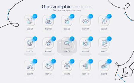 Illustration for Set of Hypoallergenic tested, Low thermometer and Bike attention line icons for web app. Mental health, Training results, Salad icons. Bike, Face declined, Coronavirus injections signs. Vector - Royalty Free Image