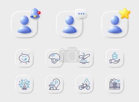 Illustration for Bicycle helmet, Grill place and Yummy smile line icons. Placeholder with 3d star, reminder bell, chat. Pack of Bike attention, Hotel, Fireworks stars icon. Puzzle, Boat fishing pictogram. Vector - Royalty Free Image