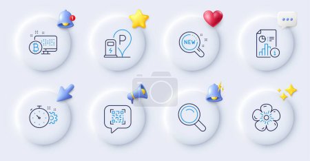 Illustration for Natural linen, Charging station and Bitcoin system line icons. Buttons with 3d bell, chat speech, cursor. Pack of Cogwheel timer, New products, Report icon. Qr code, Search pictogram. Vector - Royalty Free Image