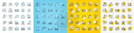 Illustration for Vector icons set of Eco bike, Electric bike and Yoga line icons pack for web with Cardio training, Boat fishing, Timer outline icon. Sports arena, Strong arm, Winner flag pictogram. Vector - Royalty Free Image