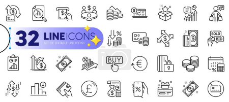 Illustration for Outline set of Buying, Bid offer and Bitcoin line icons for web with No card, Report, Online accounting thin icon. Discounts app, Pound money, Card pictogram icon. Exchange currency. Vector - Royalty Free Image