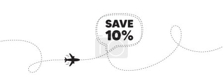 Illustration for Save 10 percent off tag. Plane travel path line banner. Sale Discount offer price sign. Special offer symbol. Discount speech bubble message. Plane location route. Dashed line. Vector - Royalty Free Image