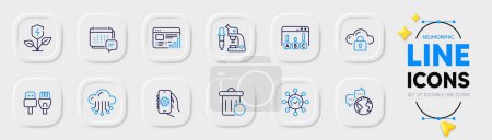 Illustration for App settings, Cloud protection and Microscope line icons for web app. Pack of Computer cables, Web report, Recovery trash pictogram icons. Survey results, Cloud storage. Neumorphic buttons. Vector - Royalty Free Image