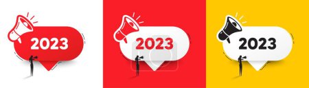 Illustration for 2023 year icon. Speech bubble with megaphone and woman silhouette. Event schedule annual date. 2022 annum planner. 2023 chat speech message. Woman with megaphone. Vector - Royalty Free Image