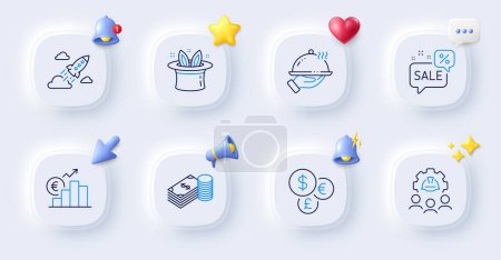 Illustration for Money currency, Hat-trick and Engineering team line icons. Buttons with 3d bell, chat speech, cursor. Pack of Savings, Euro rate, Startup rocket icon. Vector - Royalty Free Image