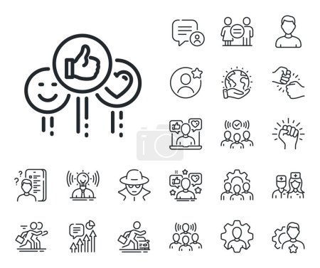 Illustration for Thumbs up sign. Specialist, doctor and job competition outline icons. Social media like line icon. Positive smile and heart feedback symbol. Like line sign. Vector - Royalty Free Image