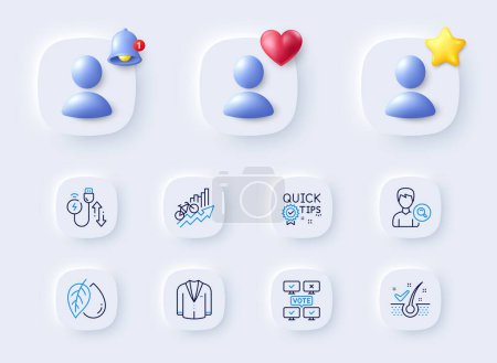Illustration for Charging cable, Training results and Quick tips line icons. Placeholder with 3d bell, star, heart. Pack of Online voting, Search people, Mineral oil icon. Suit, Anti-dandruff flakes pictogram. Vector - Royalty Free Image