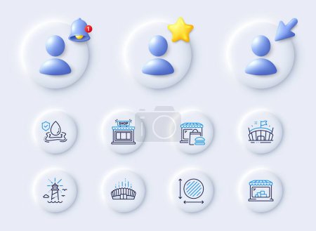 Illustration for Lighthouse, Arena stadium and Market line icons. Placeholder with 3d cursor, bell, star. Pack of Flood insurance, Arena, Food market icon. Shop, Circle area pictogram. For web app, printing. Vector - Royalty Free Image