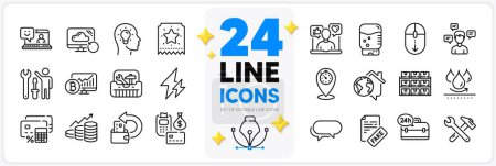 Illustration for Icons set of Messenger, Growth chart and Loyalty ticket line icons pack for app with 24h service, Toolbox, Spanner tool thin outline icon. Timer, Cash back, Idea head pictogram. Vector - Royalty Free Image